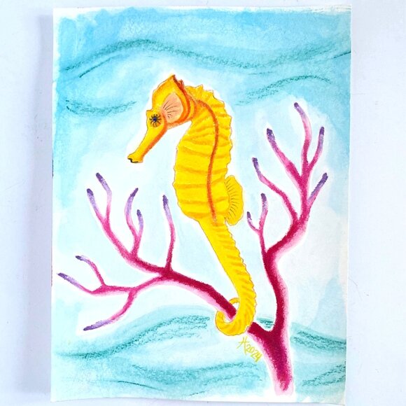 Yellow Seahorse Underwater Original Painting Acrylic Wall Art 11x14in Matted - Picture 2 of 10